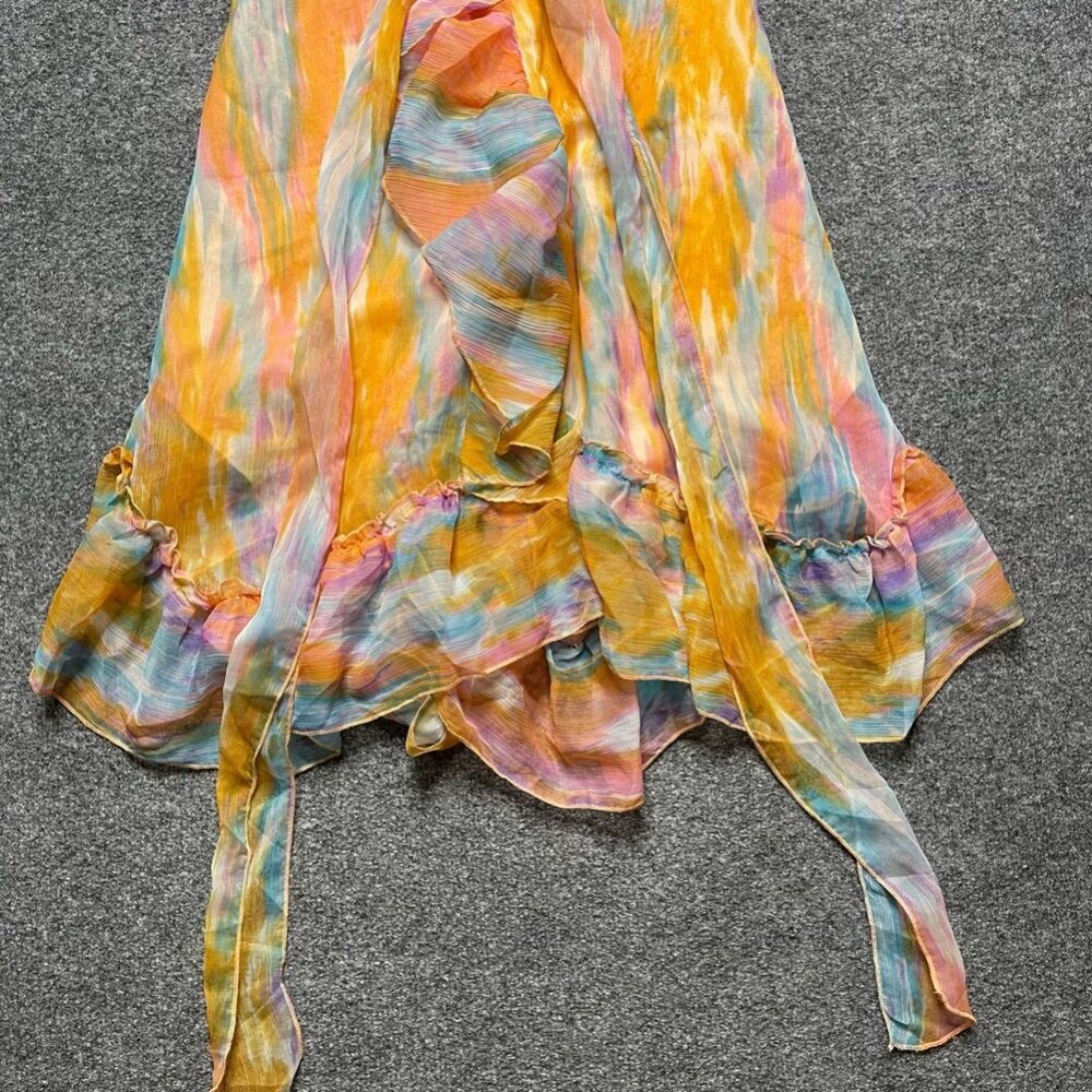 U & Me Womens A Line Dress Orange Abstract Short V Neck Sleeveless Ruffle M - Picture 5 of 7